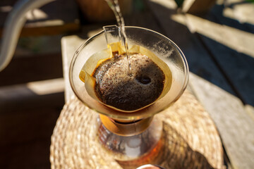 Drip coffee and latte art in the morning.