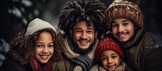 Festive multiethnic family members celebrating winter holiday together, having fun.