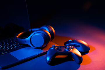 Computer keyboard, mouse and joystick on black background © fotofabrika
