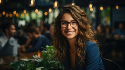 Portrait of a smiling brunette sitting at a table in a public place. Successful girl, business woman
