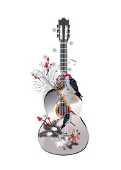 Winter music. Abstract guitar decorated with snowflakes and notes, holly and birds. Vector illustration.