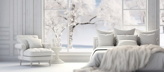 Fototapeta na wymiar Scandinavian illustration of a stylish white bedroom with a winter landscape in the window