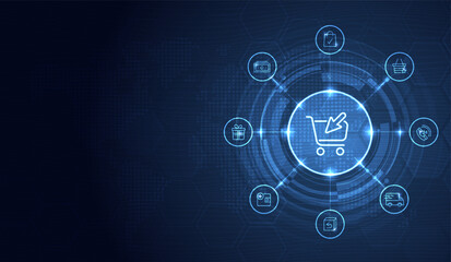 Online shopping digital technology with icon on blue background. digital fantastic design. e-commerce online store marketing for advertising design. internet supermarket connect. vector design.