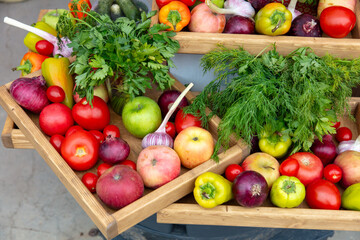 Vegetables and fruits on the counter in the market