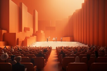 Obraz premium Cartoon illustration of a man giving a speech and presentation on a stage in front of audience