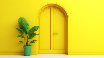 Green door Open entrance in yellow background room. minimal concept idea creative. 3D render. generative ai.