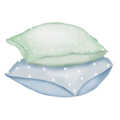 Watercolor drawing of two pillows on top of each other in pastel colors of blue and green with a white dot. Cute pictures for the design of postcards and children's cards.