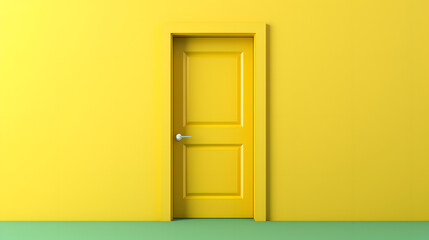 Green door Open entrance in yellow background room. minimal concept idea creative. 3D render. generative ai. - obrazy, fototapety, plakaty