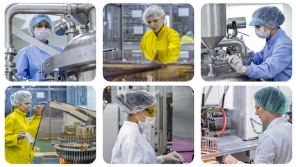 Female Workforce in Pharmaceutical Industry - Photo Collage. Medical Ampoules On The Production Line. Pharmaceutical Production Line Workers At Work. Pill Production. The Development of New Medicines.