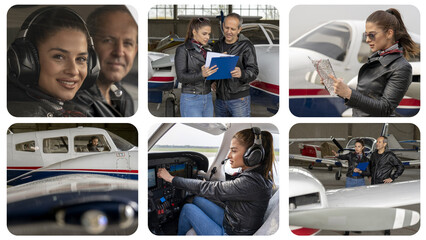 Flight School - Become a Pilot - Photo Collage. Portrait of Attractive Young Woman Pilot With Headset in the Airplane Cockpit. Student Pilot and Instructor Going Through a Pre-Flight Pilot Checklist.