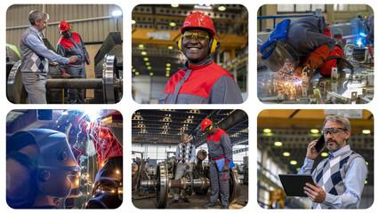 Train Factory - Photo Collage. Production Manager Using Digital Tablet. Two Multiracial Coworkers Talking in a Train Factory. Welders With Torch. Welding Sparks Of Molten Metal. Train Wheel.