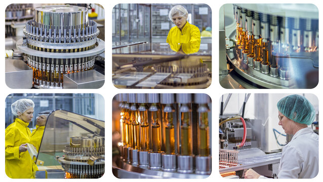 Ampoule Medications and Vaccine Manufacturing - Photo Collage. Pharmaceutical Production Line Workers At Work. Medical Ampoules On The Production Line. The Development of New Medicines.