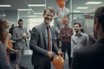 A new male employee gets a warm welcome from an office manager and other staff on the first day of a meeting, a welcome celebrating party for new staff at an office company. Generative AI.