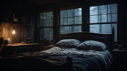 A cozy rustic cabin bedroom with a messy bed and a misty window with foggy dark forest outside, somber, mysterious, solitude, cabin, foggy, introspective, melancholic with only a lamp as light source 