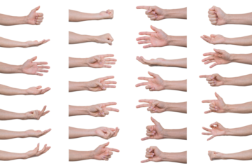 Collection of man hands gestures Isolated on transparent background
