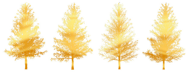 Set of 4 pine trees separated from the background with high quality graphic gold effect, suitable as graphic design materials, decorative items, and printed products