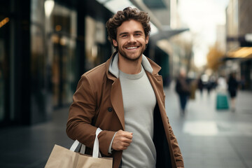 A smiling gentleman in a neat suit carrying shopping bags and standing in front of a shop store in the morning, isolated on a blurry shopping center mall background. Generative AI.