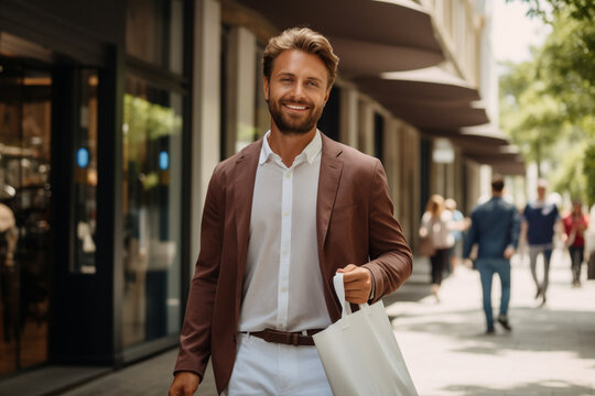 A smiling gentleman in a neat suit carrying shopping bags and standing in front of a shop store in the morning, isolated on a blurry shopping center mall background. Generative AI.