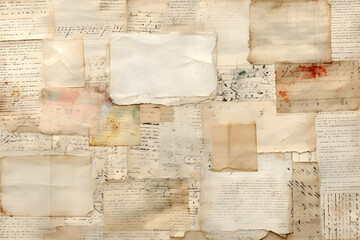  paper collage backgrounds made of antique documents with handwriting and book pages, neutral colors, ideal for ATC, mail art, journal. generative ai.