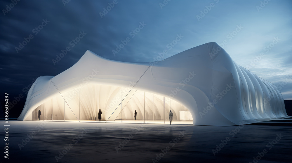 Aufkleber illuminated fluid architecture structure at twilight. futuristic design concept generative ai
