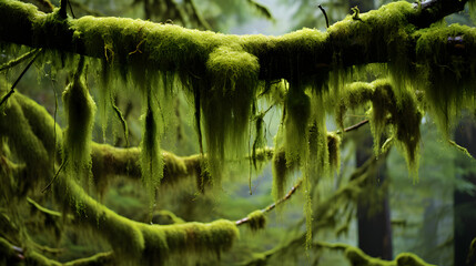 Thick moss hangs from trees in a rainforest near port renfrew, british columbia, canada. generative ai. - obrazy, fototapety, plakaty