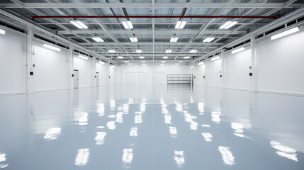 Empty industrial warehouse interior with reflective floor and bright ceiling lights. Generative AI