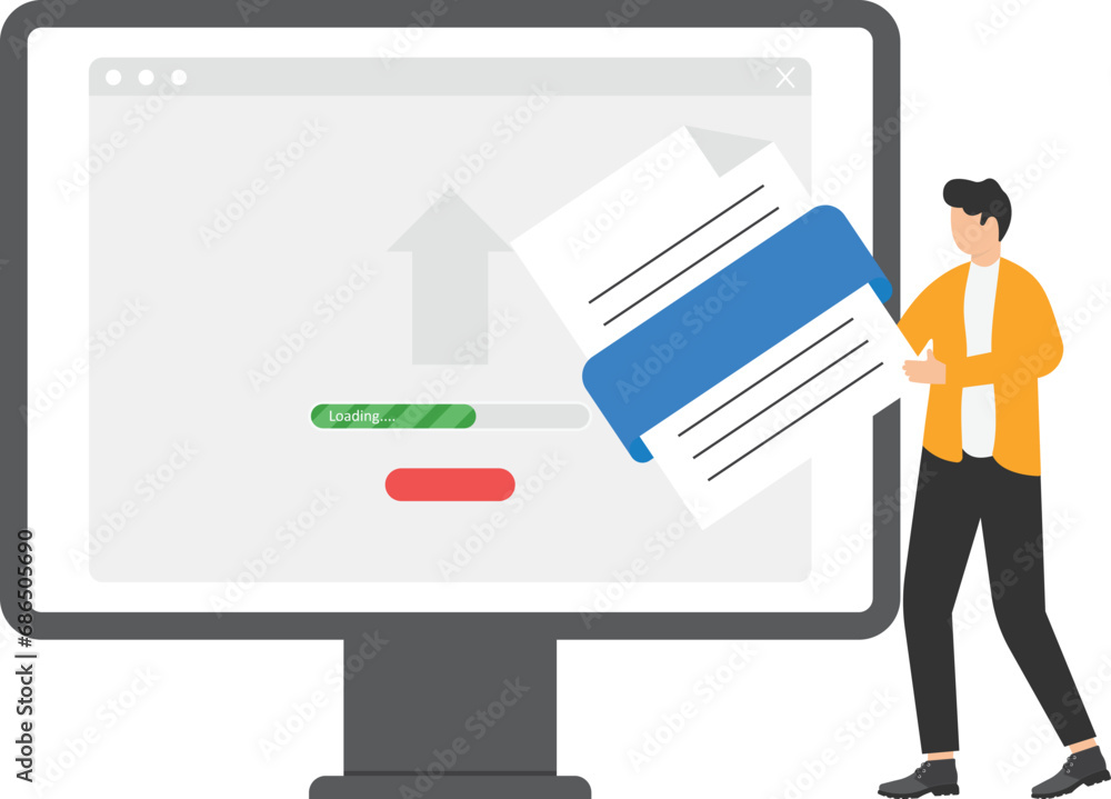 Poster upload file concept illustration, man interacting with the data storage, uploads files to the cloud.