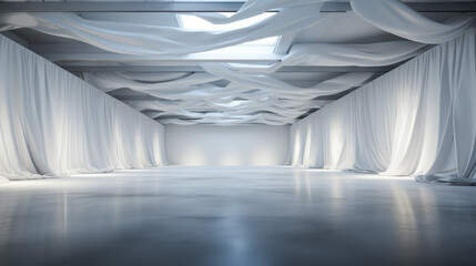 Elegant fabric draping from the ceiling in a white serene warehouse space. Textile art concept. Generative AI