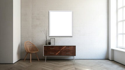 Fototapeta premium Contemporary room with blank mock-up poster template on white brick backdrop and wooden accents. Generative AI