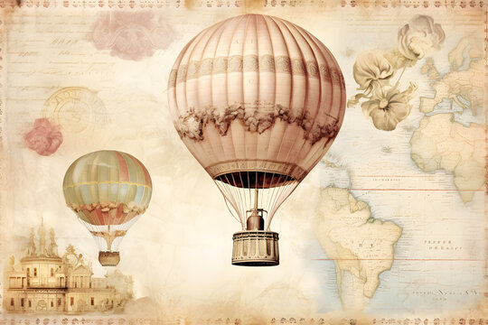 travel themed card:background with vintage hot air balloon, antique world map and French typography isolated on white background. generative ai.