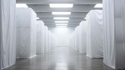 Abstract white draped fabric installation in a gallery setting with soft lighting. Artistic...