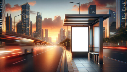 Obraz premium City bus stop with a blank billboard at dusk, urban skyline background. Twilight cityscape advertising concept. Generative AI