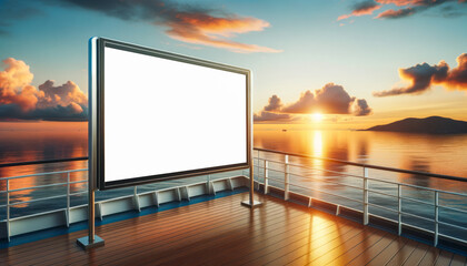 Outdoor billboard on a cruise ship deck at sunset with ocean backdrop. Luxury travel advertising concept. Generative AI - obrazy, fototapety, plakaty