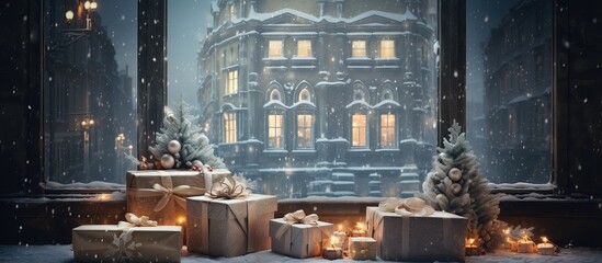 Gift wrapped packages on a chest near a snowy window