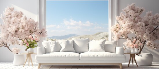 Scandi style room with a white sofa and window showing a summery landscape