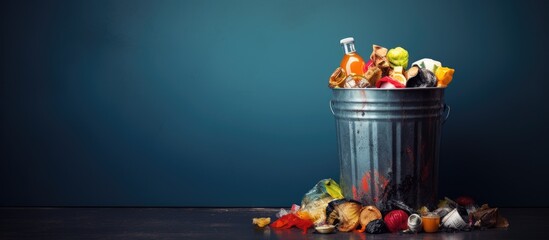 Depressed trash bin filled with mixed trash, incorrect waste management idea. - obrazy, fototapety, plakaty