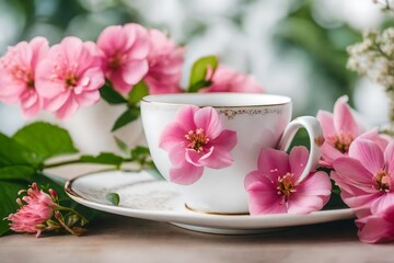 Obraz na płótnie Canvas Pink blooms adorn a white tea cup.