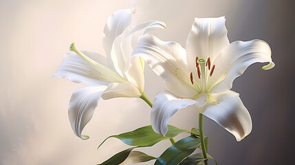 The grace of a white lily in a soft morning light, using a close-up lens to emphasize the intricate details of the delicate petals, the subtle play of shadows. Generative Ai