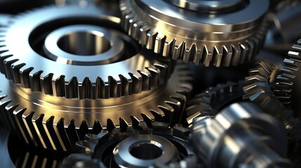 close up view of Metal gear in factory. Many different stainless steel gears on a gray background,