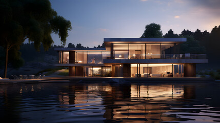 3d rendering of modern house by the river at evening. generative ai.