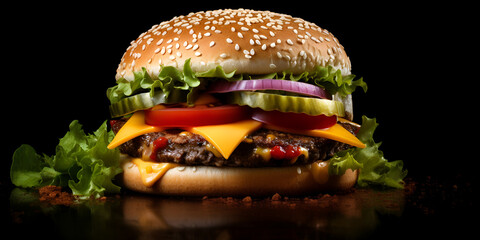 hamburger on black background,Tower Burger,Classic burger on wooden plate and dark background generated by ai
