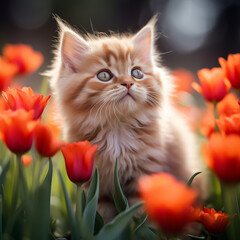 ねこ　かわいい　チューリップCute cat, fluffy fur, tulip　