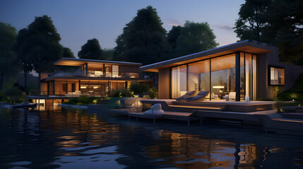 3d rendering of modern house by the river at evening. generative ai.
