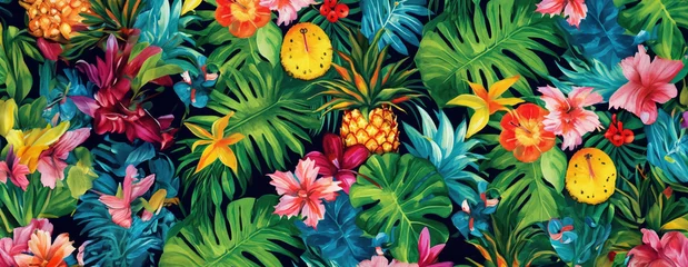 Fototapeten Tropical exotic pattern with animal and flowers in bright colors and lush vegetation. Ai Generative. © Mix and Match Studio