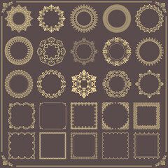 Vintage set of round elements. Different yellow elements for design frames, cards, menus, backgrounds and monograms. Classic patterns. Set of vintage patterns