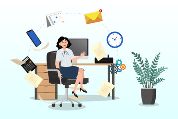 Businesswoman admin working at office desk administrator or assistant occupation, secretary or accountant professional, receptionist work with answer telephone, schedule calendar (Vector)