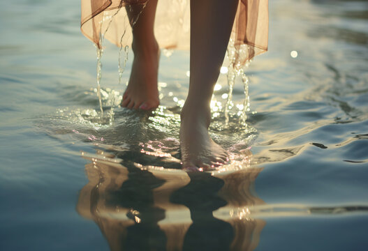 dip a toe in water, a woman foots walking on water 