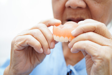 Doctor holding teeth denture in hand for dentist studying about dentistry.