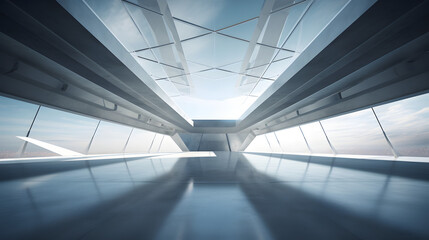 abstract futuristic glass architecture with empty concrete floor 3d render. generative ai.