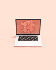 Laptop cyber security bank vault information protection internet safety online privacy computer identity privacy rose pink background front view 3d illustration render digital rendering